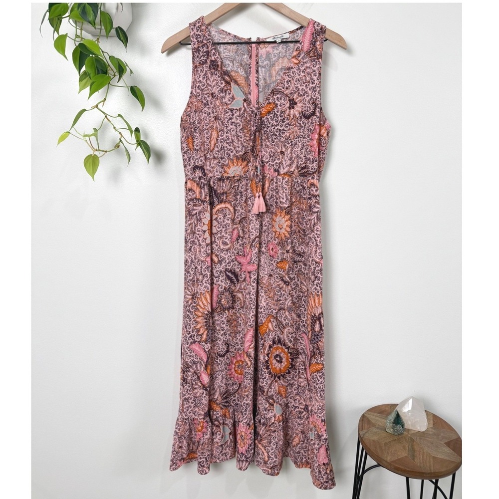 Madewell Pink Orange Batik Floral Tassel Tie Midi Dress Size 6 Sleeveless Boho